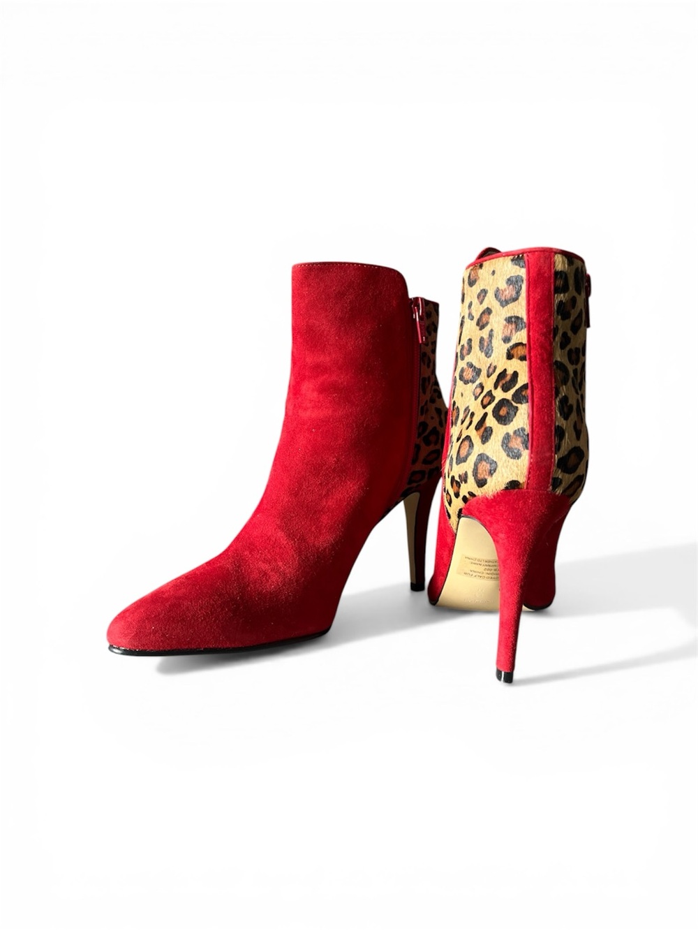 NWT Chico's Corey Red Suede Ankle Boots with Leopard-Print Back